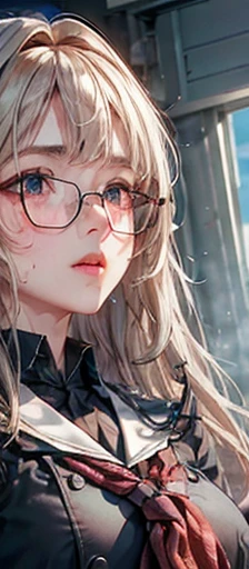 (Highly detailed CG uniform 8k wallpaper)、(masterpiece)、(Highest quality)、(Super detailed)、(Best illustrations)、(Best Shadow)、(Absurd)、 Break Girl、Sweat、vapor、Medium Bust、nsfw、Looking at the audience、nsfw、Glasses、Angle looking up from below