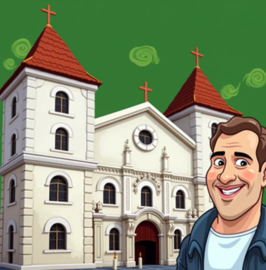 Draw man used in the tip image next to church, disney style image, background with blue sky  