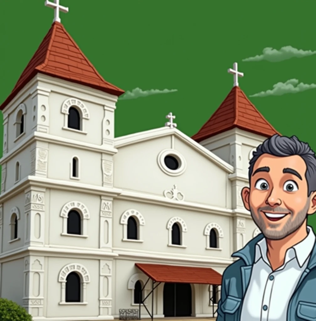 Draw man used in the tip image next to church, disney style image, background with blue sky