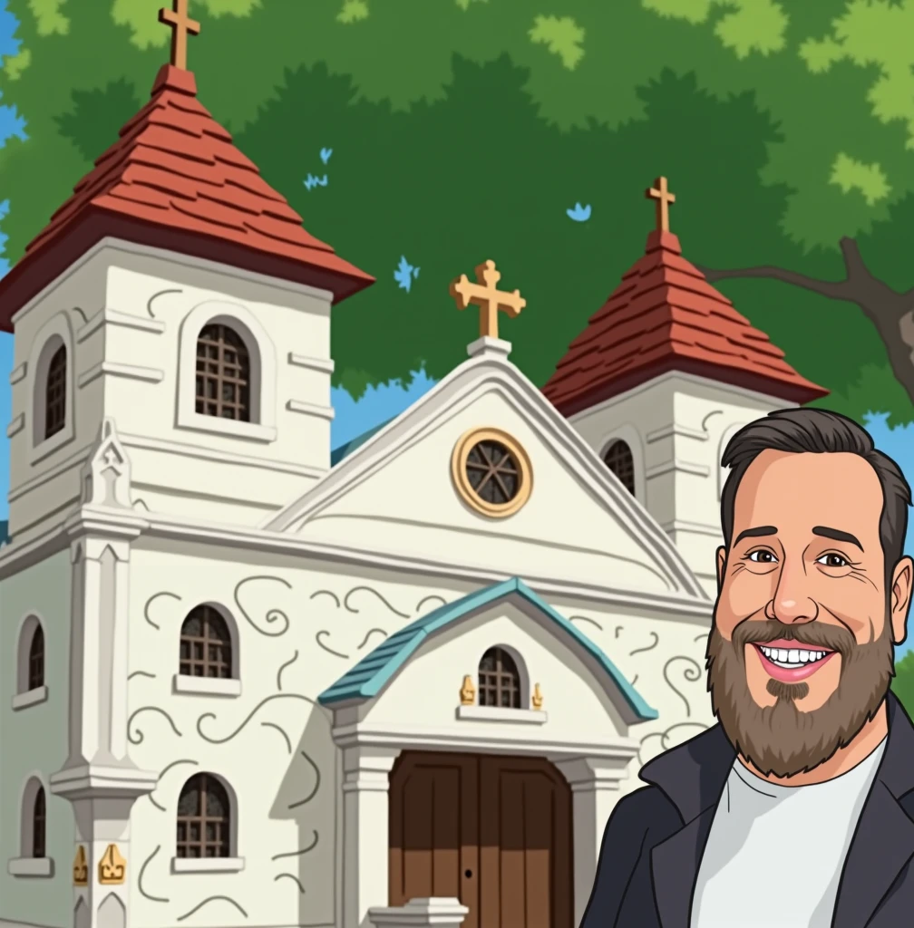 Draw man used in the tip image next to church, disney style image, background with blue sky