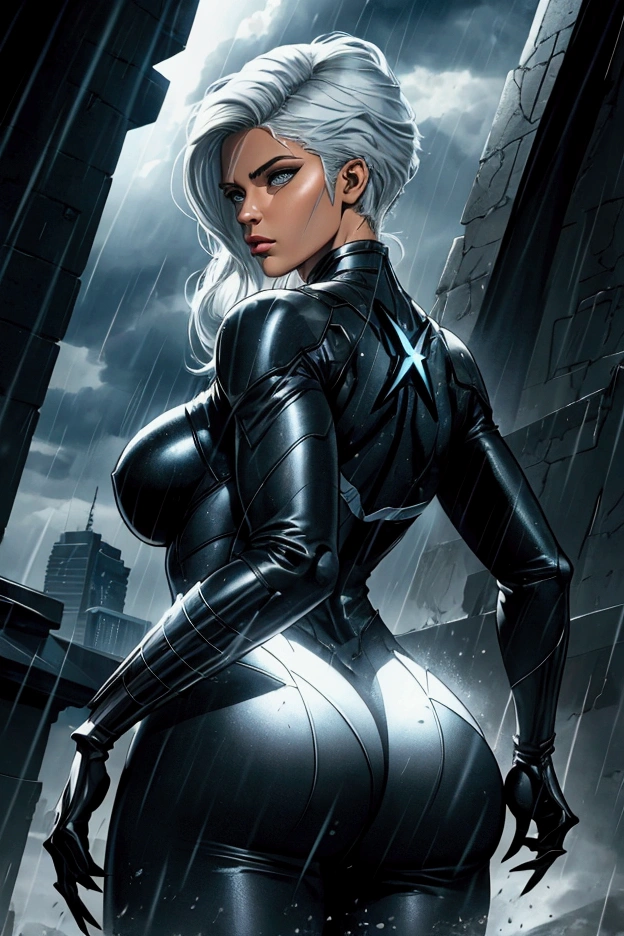 X-Men character storm . big butt . Rays background , rain and black clouds . American style drawing