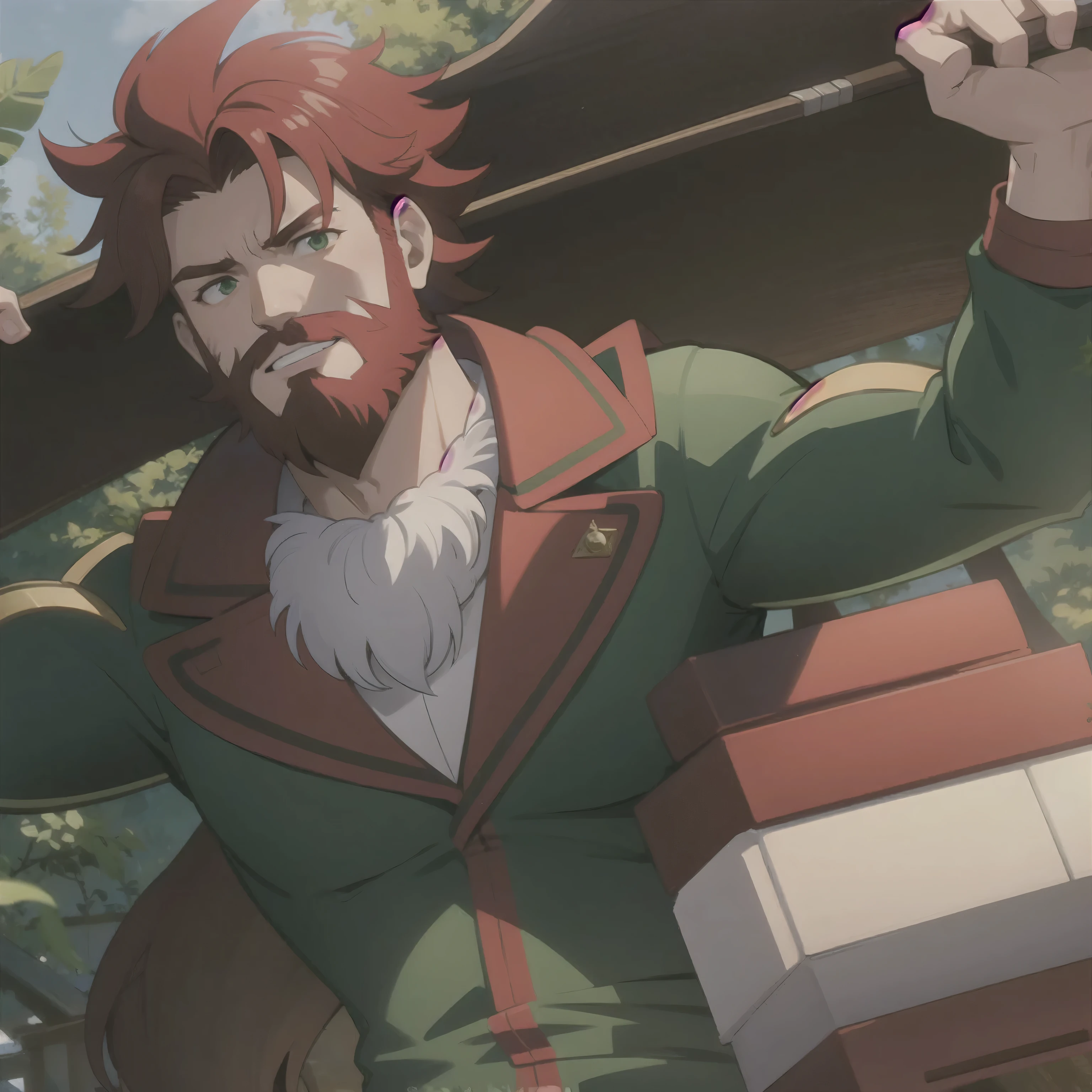 handsome muscular man, red hair and beard, green eyes, in hunter's clothing, on top of a giant red wolf with white details, in jungle, with shadows, Sunnyday, ultra detaild, 8k