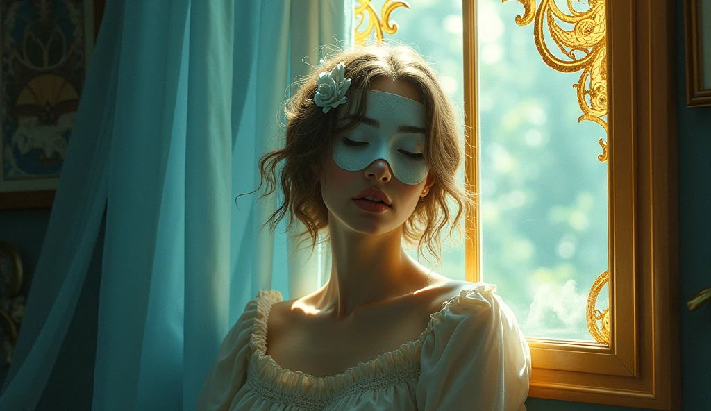 hidden behind the face bule  background, window with sunlight, cozy room, relaxed pose, realistic, intricate details, warm colors, by Greg Rutkowski, by Alphonse Mucha