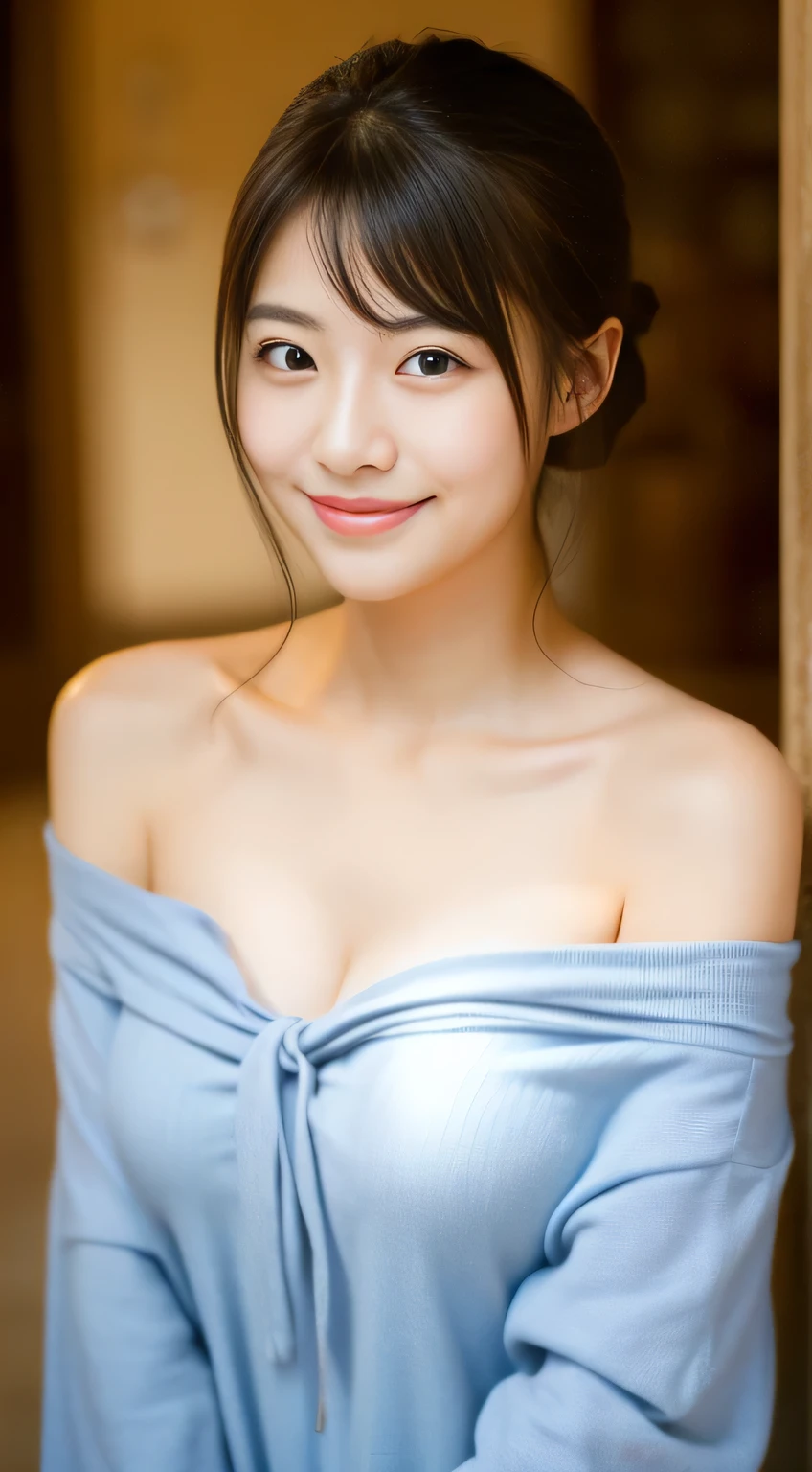 masterpiece,best quality,(Japanese girl),((Beautiful girl)),cleavage,(off shoulder:1.2),(perfect body beauty:1.2),(shy smile),From slightly above