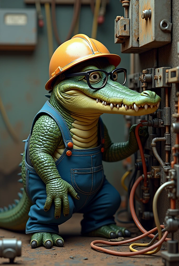 Crocodile with glasses, blue worker clothes, blue worker helmet working on an electrical circuit