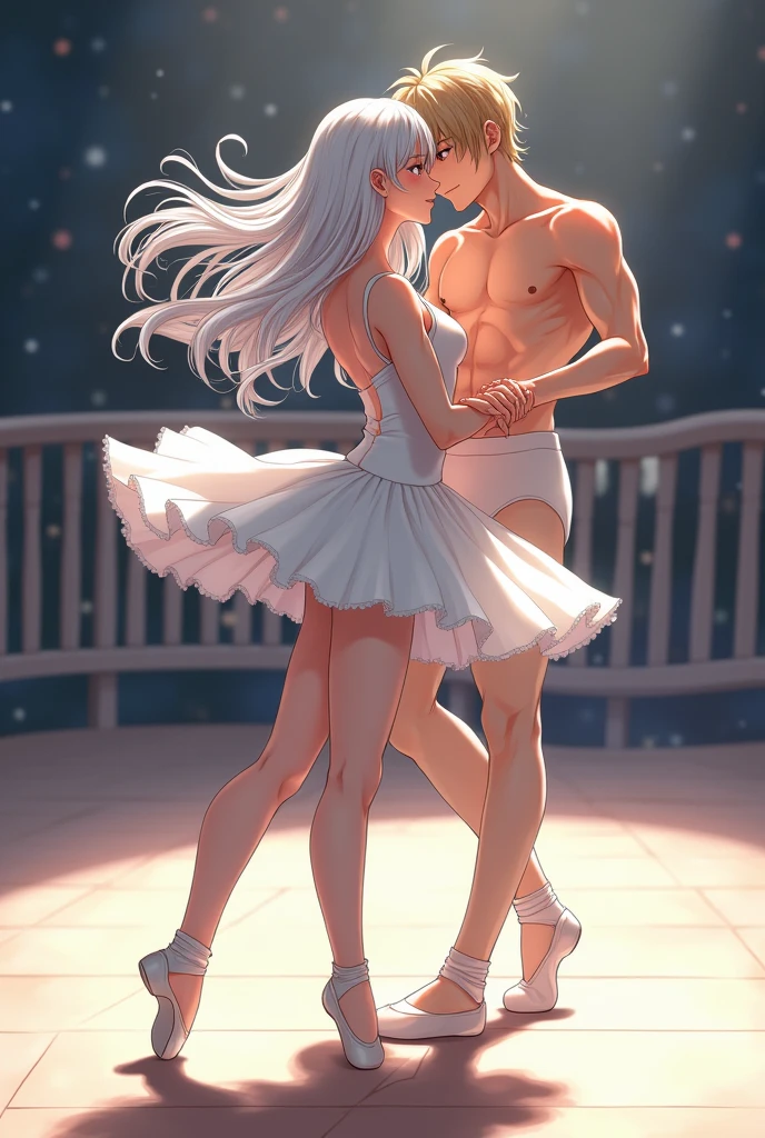 ((best quality)), ((masterpiece)), (detailed) Anime Two boys dancing ballet, a boy one with long white hair and the other boy with semi-long blonde hair. (Exercised body)