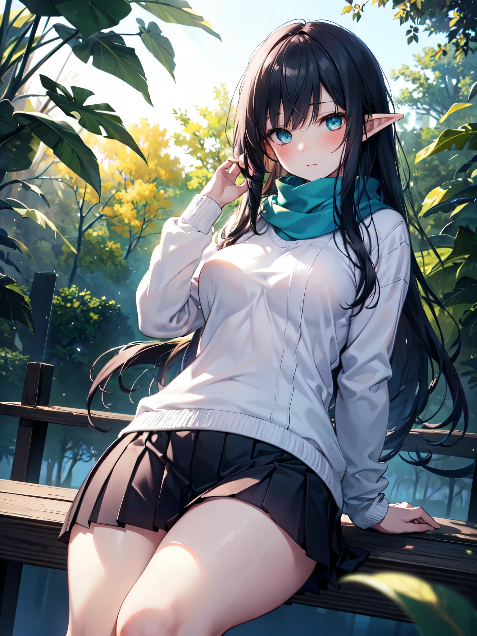 Realistic image, detailed and coherent image, 1 elf, turquoise eyes, black hair, very long hair, blushing, shy, She has a curvy body, medium breasts and thick thighs, She is wearing a sweater with a scarf, pleated mini skirt with embroidery, She is posing sensually, sitting, arching her back, leaves falling around, view from below, starry night, soft focus, dramatic shadows, volumetric lighting, natural lighting, background of a park