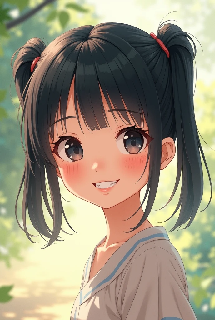 Beautiful Japanese　Small face and double eyelids　A charming smile and beautiful teeth　A 2 girl with black hair in twin tails