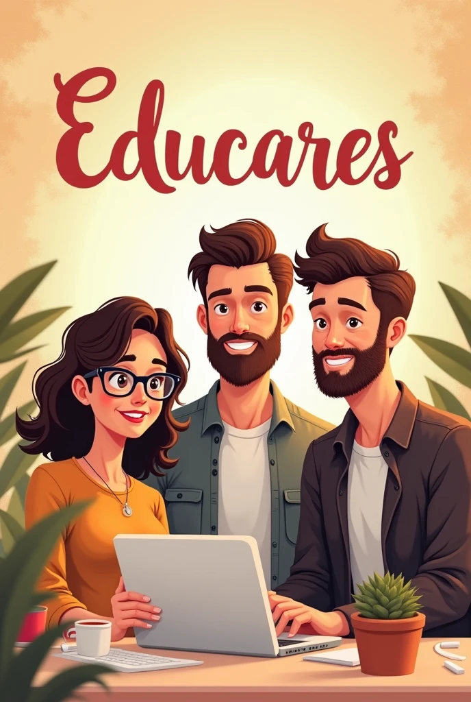 image of a cartoon work team (made up of a woman with glasses, wavy hair that reaches the shoulders, a white-looking man,bearded, and another white-looking man with slightly long wavy hair, that is to say, only 3 members) and that above it says Educares in beautiful calligraphy
