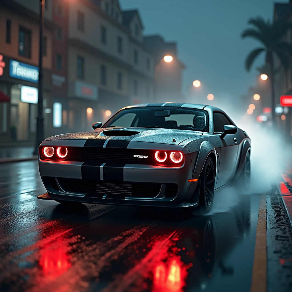 I need an image of a gray and black Dodge Challenger with red headlights, on a road at rainy night