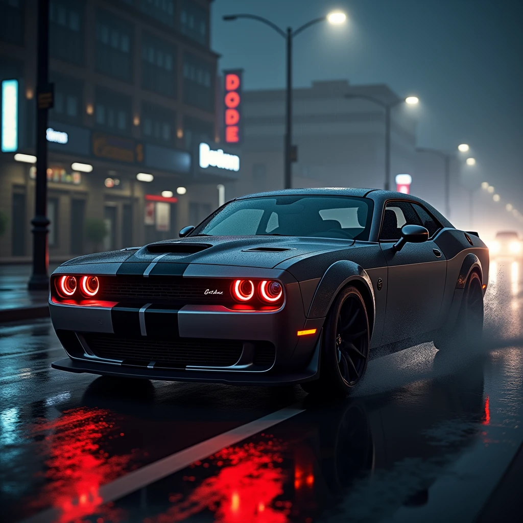 I need an image of a gray and black Dodge Challenger with red headlights, on a road at rainy night