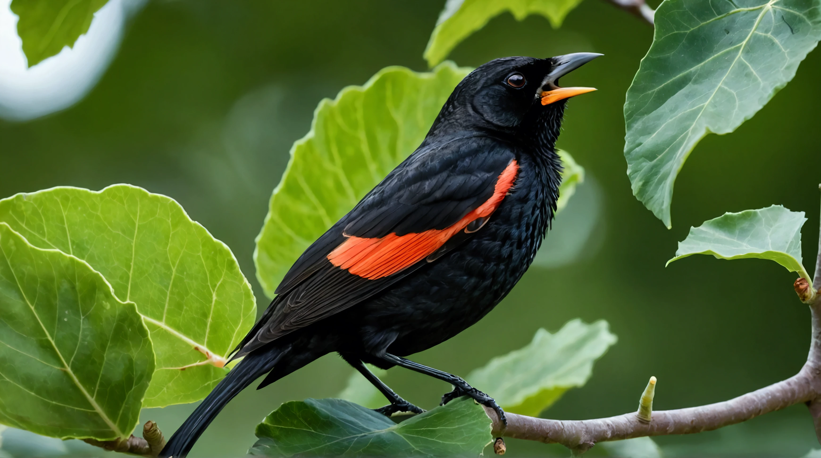 Create an ultra-high-definition 8K photo featuring a close-up of a Red-winged Blackbird perched gracefully on a fig tree branch. The bird's striking pose is highlighted by large, lush green fig leaves surrounding it. Nearby, clusters of dark red figs are ripening, adding rich color to the scene