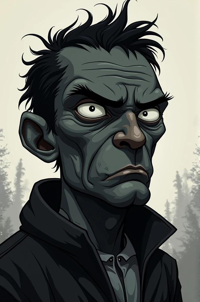 Create a black cartoon character with the thousand-yard stare