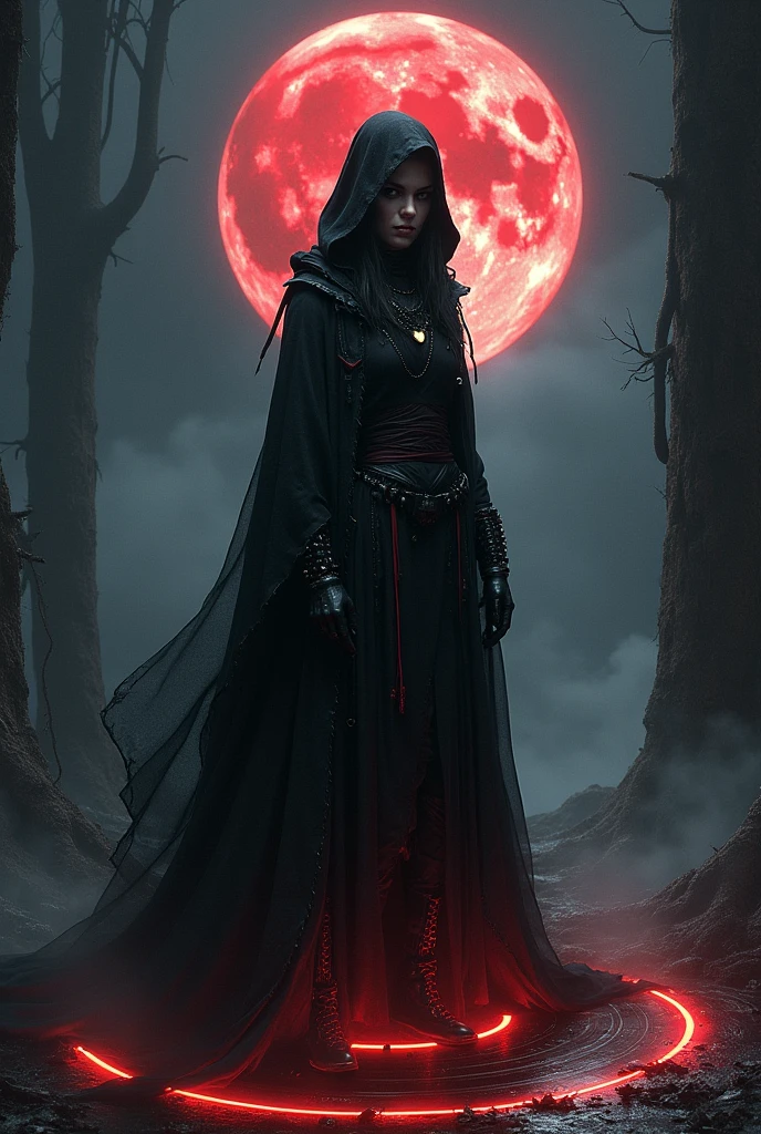 The Starlight Priestess, cloaked in tattered black Gothic steampunk attire, stands on a pulsating ritual disk. Shadows twist around her as the celestial eclipse casts an eerie glow. Her eyes, void of light, reflect the horror of the darkened sky. The air thickens with dread, and whispers of ancient curses echo through the night. The moon’s blood-red hue bathes the scene in a sinister light, foretelling doom and despair.