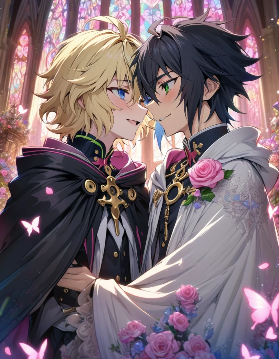 absurdres, highres, ultra detailed, HDR, masterpiece, extremely detailed, detailed eyes, detailed face, Hyakuya Mikaela, blonde hair, expressive blue eyes, Owari No Seraph, Hyakuya Yuuichirou, black hair, expressive green eyes, two men together, gay couple, yaoi, smile, in love, happy, handsome, white clothes, black clothes, white cape, black cape, patterns, pink roses, petals, in woderland, clock, church, pink stained glass window, pink glittering butterflies