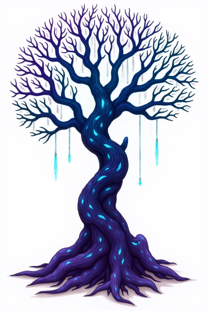 tree in dark purple color, illustration ,with blue and turquoise details, com fundo branco, mystery and dark theme