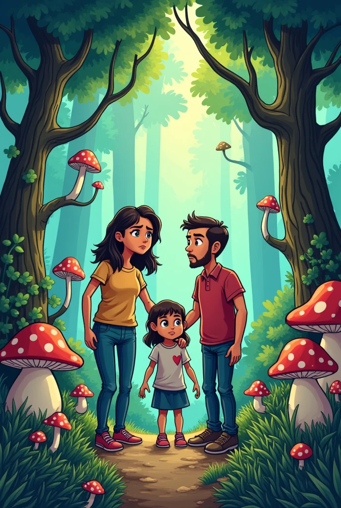 I created a comic-style image of a forest as a background with a family of a mother who is worried because she can't find her daughter and her husband who is standing in front of her tries to calm her down.