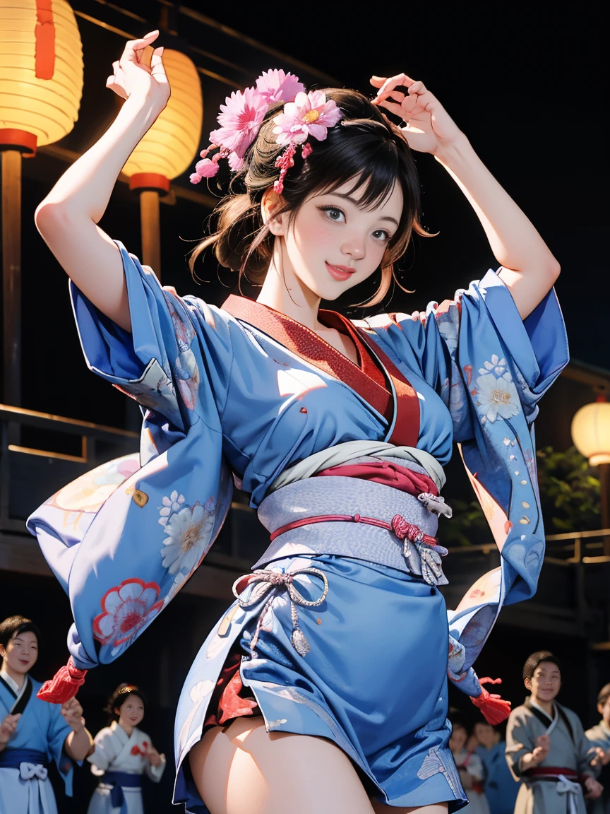 (Japan Bon Odori,最高masterpiece,Highest quality), Hot August,In the park square,(They dance in a circle around a stage decorated with lanterns.),Bright vibrant anime art,People of all ages and genders dance and dance, Dancing in yukata,Laughing and dancing, Showing white teeth,Men and women dance in a circle, masterpiece,Highest quality,High resolution,