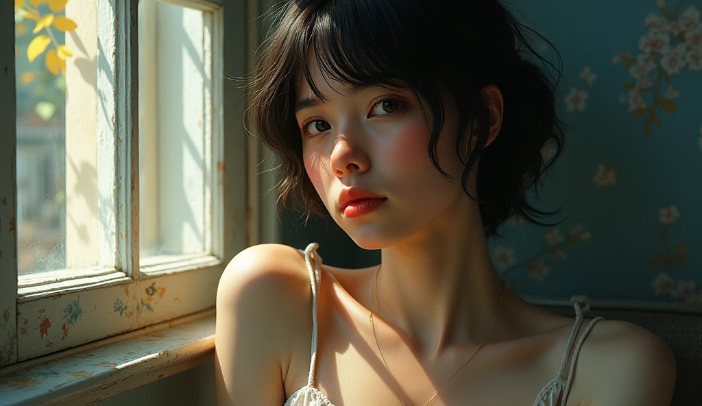 hidden behind the face moment bule background, window with sunlight, cozy room, relaxed pose, realistic, intricate details, warm colors, by Greg Rutkowski, by Alphonse Mucha