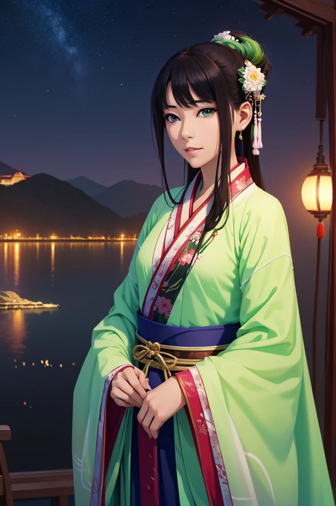 Starry sky landscape、shooting star、 (Highest quality,4K,8k,High resolution,masterpiece:1.2), Very detailed, (Realistic,Realistic,Realistic:1.3), High resolution, Hyper HD, Studio Lighting, Ultra-fine painting, Sharp focus, Physically Based Rendering, Very detailed説明, Professional, Vibrant colors, Bokeh, Sports Late Night, Traditional Chinese Painting Techniques, Atmospheric lighting, Vivid color contrast, Ethereal atmosphere,Very detailed目と顔, Beautiful attention to detail, Light on the face,Hanfu 、(Hanfu: 1.1)、、(Green Eyes: 1.1)、Eyes are green、Slim figure、Small breasts、Sexy pose