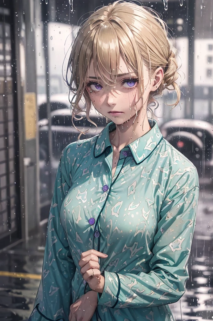 ((Teal coloured pyjama shirt)), 1girl, raining heavily, (patterned pyjamas), outside, short caramel-blonde hair sticking to her face, depressed purple eyes, teal coloured pyjama shirt, nighttime, very dark, soaking wet, wet through, wet clothes, almost naked, small breasts, outside at nighttime, in the streets, dark background, dark, very dark night, realistic colour, 1 colour shirt, soaking wet pyjamas, wet though, dripping wet, a hint of nipples, purple eyes, alluring depressed eye,  cold dark night, flushed cheeks, braless, 