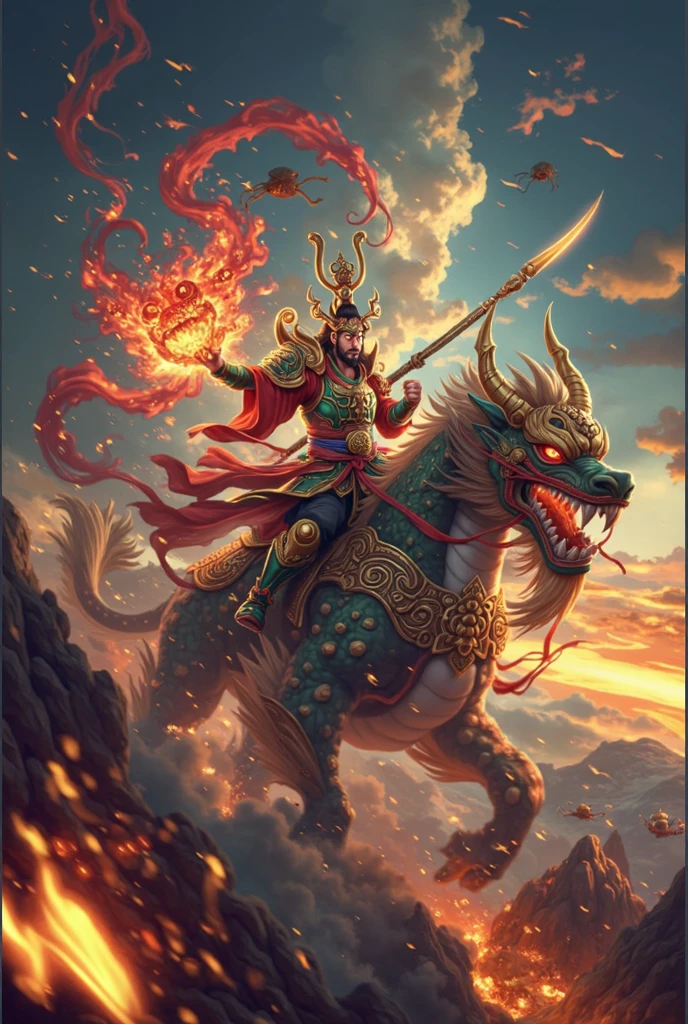 Goku riding on a giant armored dragon head，Wukong Focus，Holding a golden staff，Attack forward，Exquisite details，Wukong&#39;s fire-breathing eyes，Intense scene，Behind him，Standing Sun God，The whole body is red flame，Forms a strong contrast between light and dark。Background featuring dark clouds and smoke，Clear details，Background featuring monsters and demons appearing from hell，Smoke rises from beneath them，Strong contrast between light and dark，high resolution，Rich in details，high quality，Chinese mythology style，See through the whole body，Exquisite detailshigh resolution，high quality，Best quality，high resolution，Extremely detailed CG，Perfect lighting，8k wallpaper