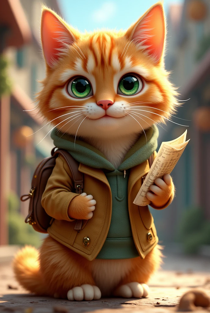 An adult cat is a tour guide, Her golden fur and her emerald-green eyes.