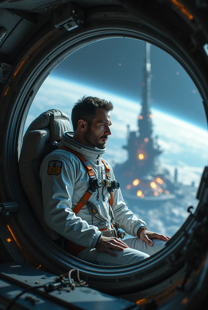 Male doctor in a small space capsule drifting in space near a space station explosion