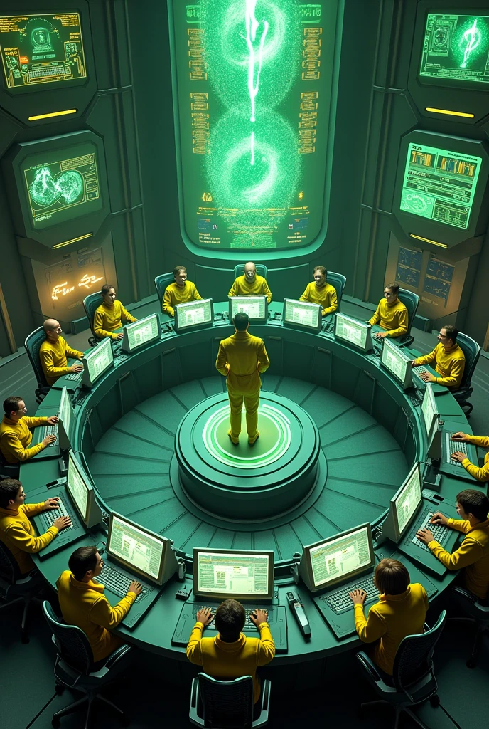 Futuristic circular command station with energy symbols and staff sitting at their stations with headsets, 13 male and female members and a leader assisting an agent, everyone will be wearing technological uniforms in shades of green with energy symbols in yellow. In the center the name Guardians of Energy