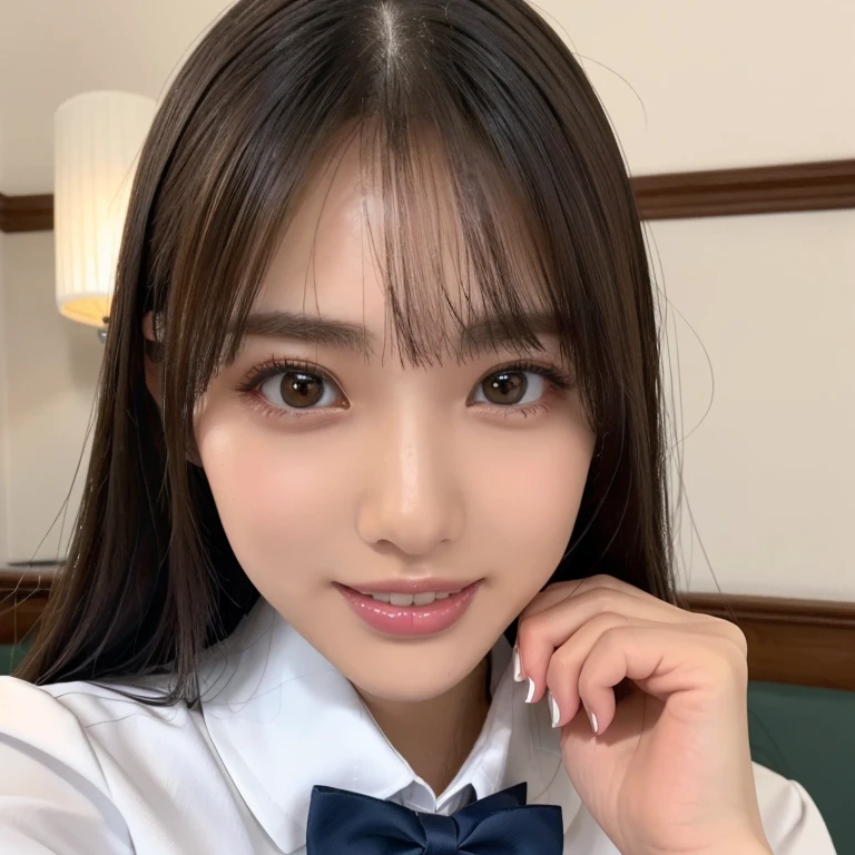 ((highest quality、table top、8k、best image quality、very intricate and detailed details))、(High school girl in uniform alone:1.1)、(Uniform polyester white shirt、High school uniform ribbon on the chest)、Please look at me、Please look at me、(the moodiest lighting:1.1)、Recreating the perfect light district details、perfect makeup、dark night、 full breasts、perfect makeup、Ultra high definition beauty face、ultra high definition hair、Super high-definition moist eyes、Ultra high definition perfect teeth、(Ultra-high resolution glossy skin:1.1)、Super high resolution glossy lips,bedroom
