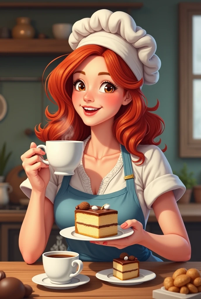 imagine a red-haired woman in her 30s wearing a baker's cap, holding onto a slice of cake on a plate and a cup of coffee in the other hand, a bakers kitchen dan be seen slightly in the background.