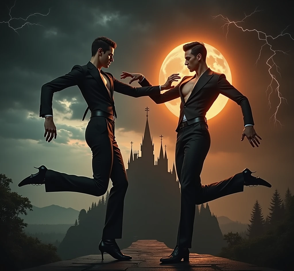 Two handsome skinny men dressed in black, long suits without a shirt, cloudy sky, sunset, the sun is hiding, dancing beautifully, on top of a black castle, rain falling and lightning from afar, 2 men