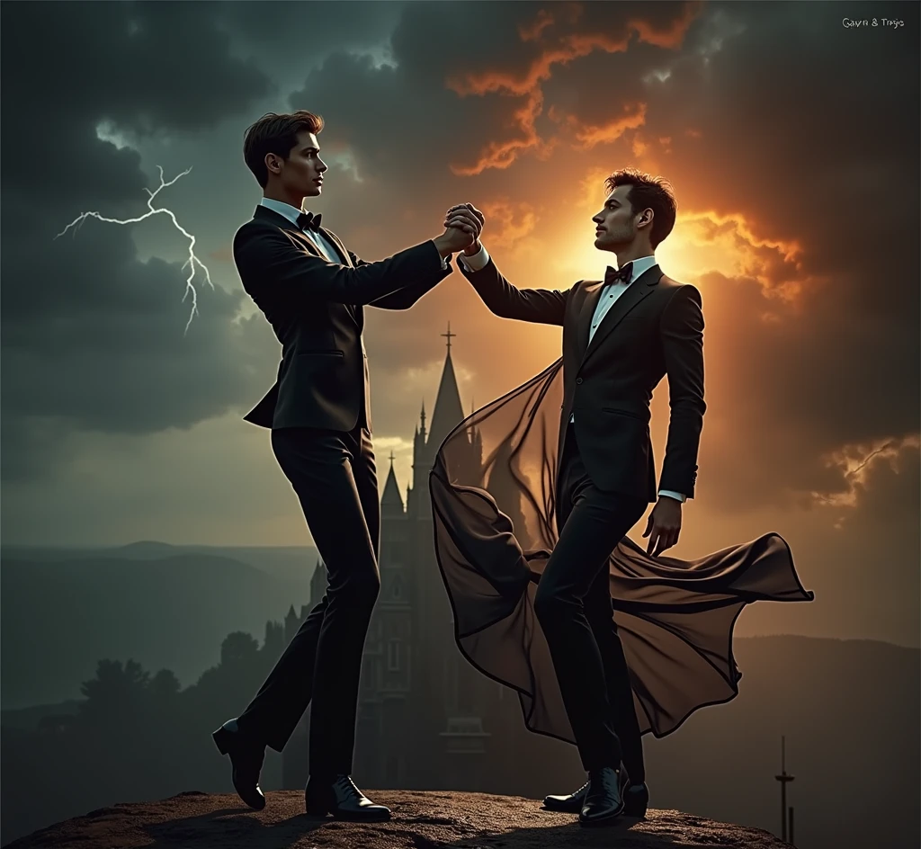 Two handsome skinny men dressed in black, long suits without a shirt, cloudy sky, sunset, the sun is hiding, dancing beautifully, on top of a black castle, rain falling and lightning from afar, 2 men 