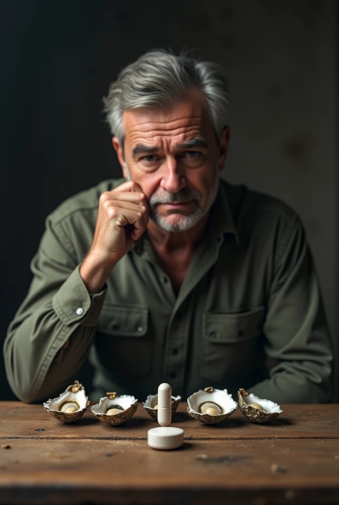 I want to create a picture of a man thinking about a math problem. : 1 pill = 6 oysters show image of oyster and pill