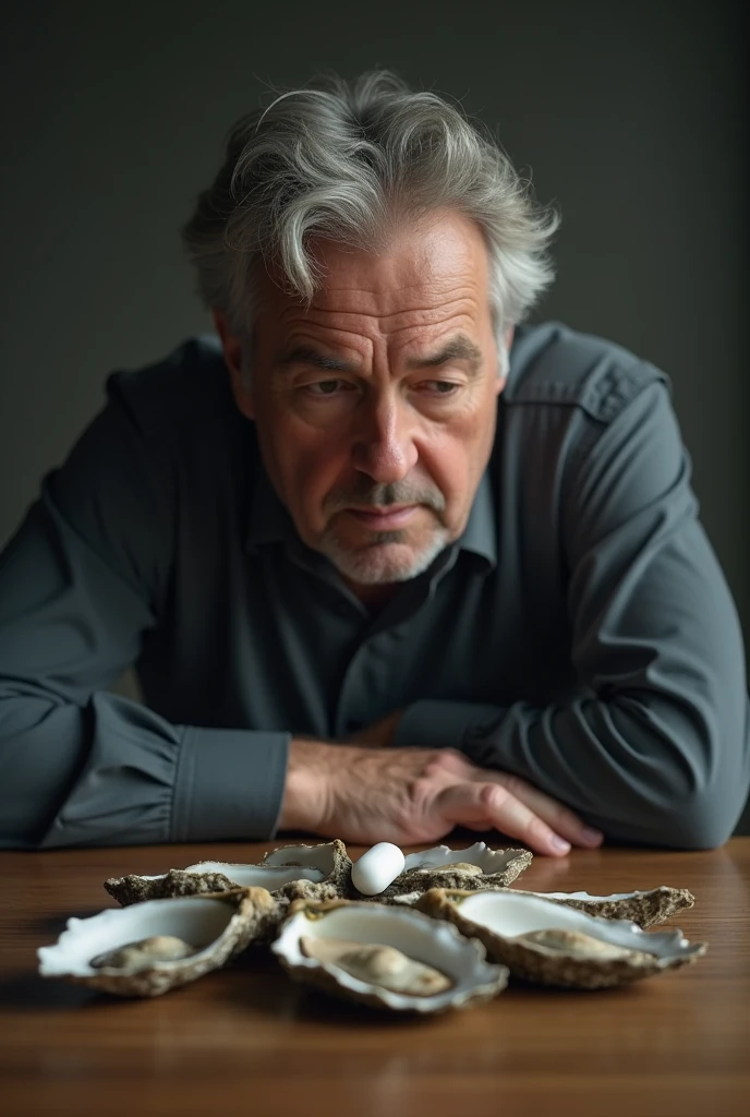 I want to create a picture of a man thinking about a math problem. : 1 pill = 6 oysters show image of oyster and pill