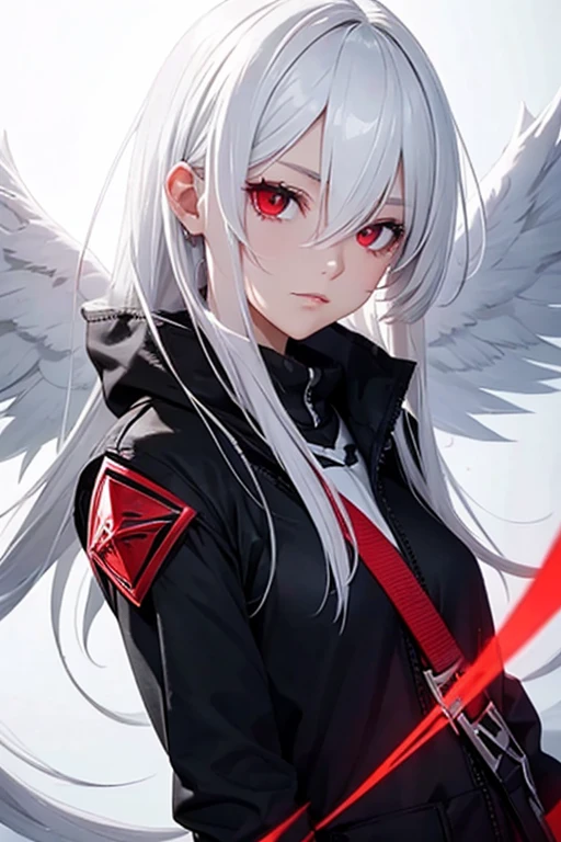 create a female protagonist with white hair and red eyes named Angel