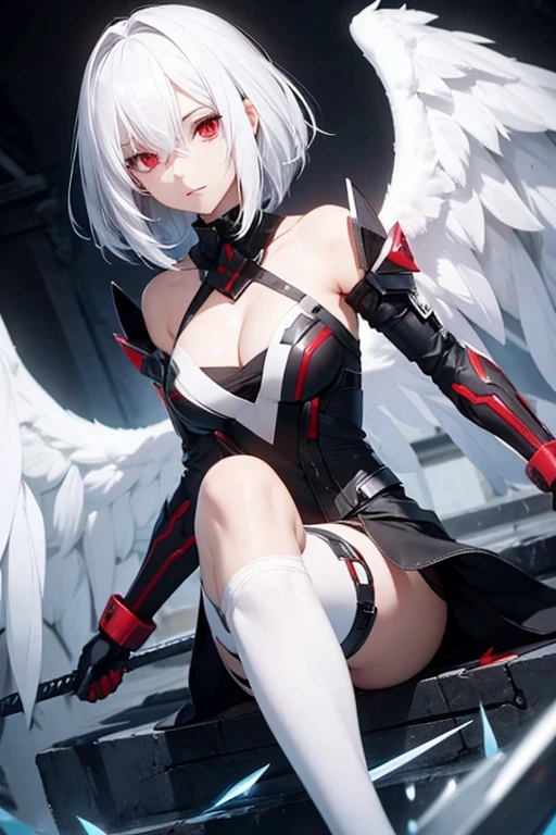 create a female protagonist with white hair and red eyes named Angel