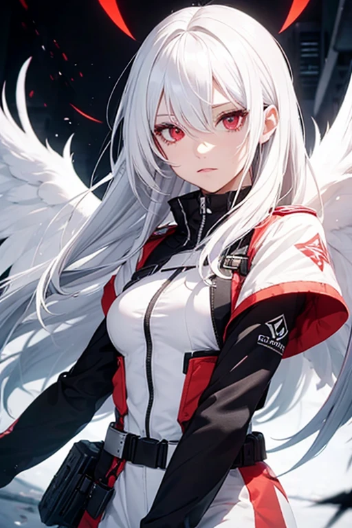 create a female protagonist with white hair and red eyes named Angel