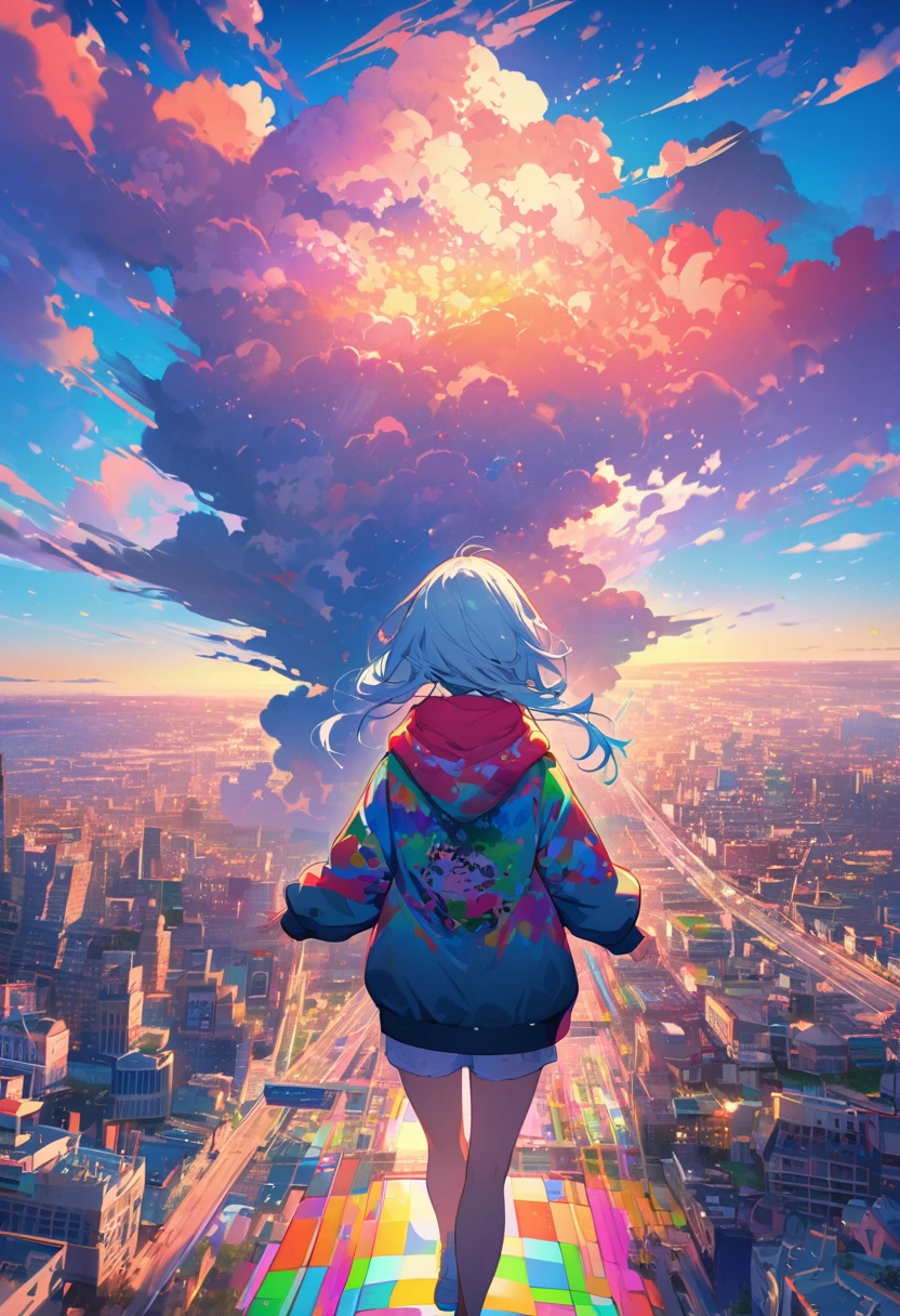 angelic, detailed woman who is walking, woman wearing hoodie, highest billding in city, road, sunrise, horizon, skyline, in the sky, city of clouds, colorful, high-res, 8K