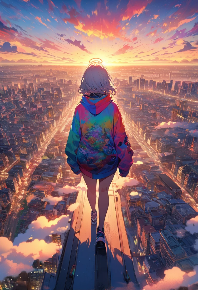 angelic, detailed woman who is walking, woman wearing hoodie, highest billding in city, road, sunrise, horizon, skyline, in the sky, city of clouds, colorful, high-res, 8K