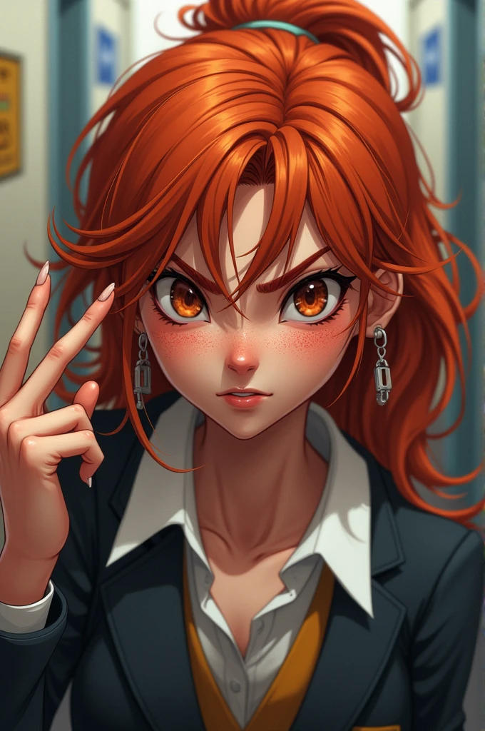 red hair girl,with school uniform and freckles,angry rude finger pointing🖕🏻