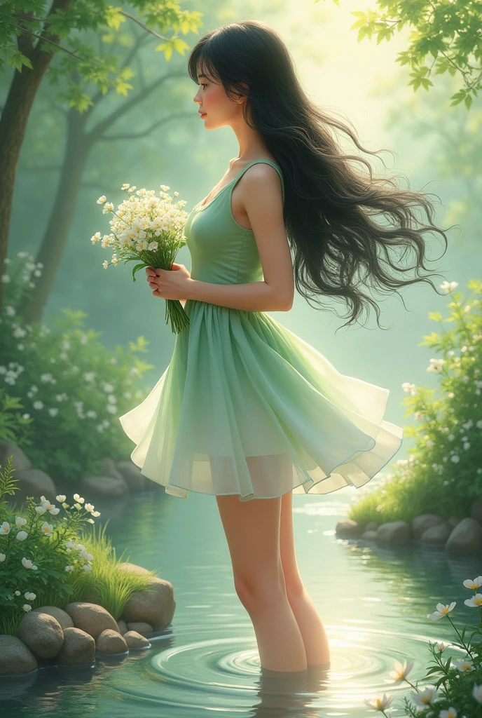 full lenght hiper 3k. A beautiful young woman, sweet and gentle, 20 years old, with long, flowing black hair, wearing a light green and white short dress, a white skirt holding a bunch of white flowers. Beautiful atmosphere in the morning, refreshing and cool. Beautiful stream scene, refreshing atmosphere in the morning, glowing and shimmering light. Three-dimensional oil painting, art painting by Professor Chalermchai.