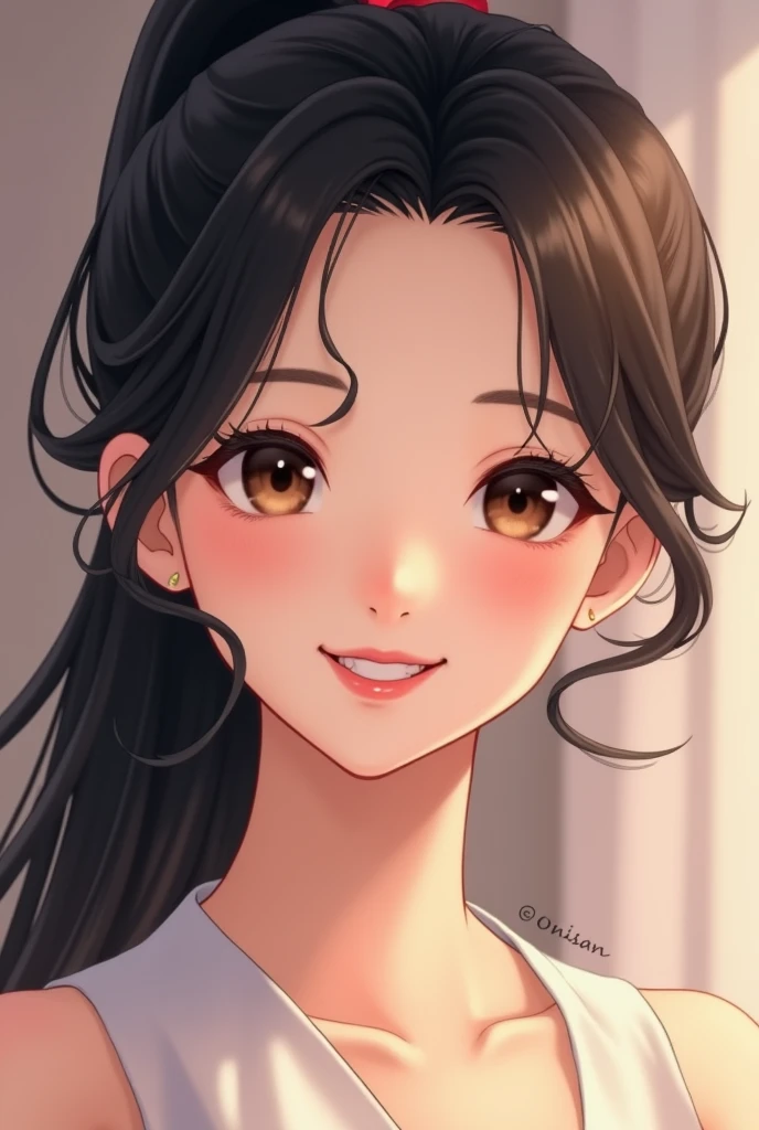 Beautiful Japanese Small face and double eyelids A charming smile and beautiful teeth A 2 woman with black hair in a ponytail