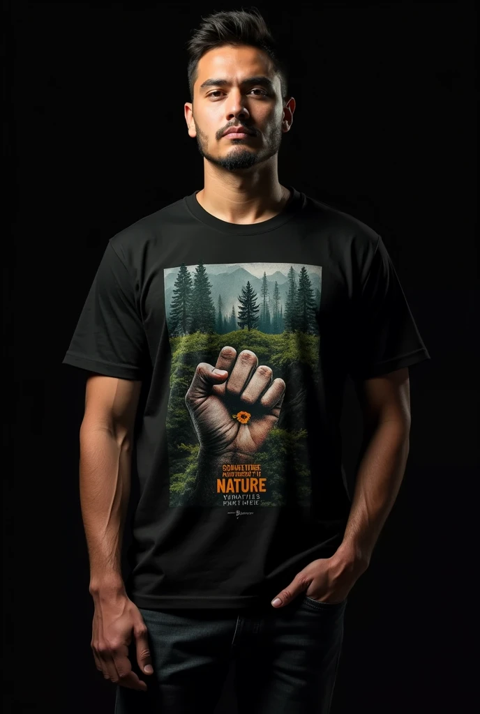 Black background t-shirt, and print related to defending nature 