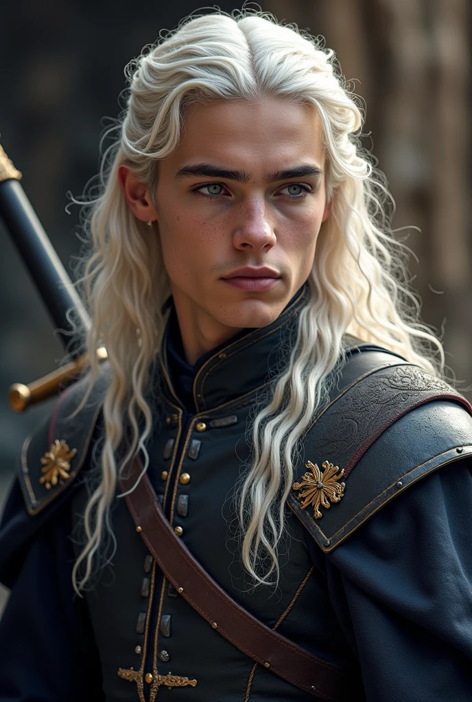Dans l'univers de *Game of Thrones*, un jeune homme Targaryen se distingue par l'aura légendaire qui entoure sa maison. Imaginez un homme d'une beauté presque divine, digne des légendes. Ses longs cheveux blancs argentés, typiques de la lignée des Targaryens, tombent en cascade sur ses épaules, soyeux et brillants sous la lumière, semblables à un manteau de pure lumière. Ses yeux, d'un violet profond ou d'un bleu glacial (selon les variantes connues dans la famille), captivent immédiatement ceux qui les croisent, remplis d'une intensité mystérieuse et d'une force ancestrale.
Sa peau est pâle, douce et éclatante, contrastant magnifiquement avec ses cheveux immaculés. Sa beauté est comparable à celle d'Apollon, le dieu grec de la jeunesse et de la lumière. Son visage est finement ciselé, avec des pommettes hautes, un nez droit et une mâchoire forte, témoignant de son héritage royal. Ses lèvres sont pleines, souvent figées dans une expression calme, presque méditative, bien qu'elles puissent sourire avec une chaleur inattendue qui illumine son visage entier.
Grand et élancé, son corps est celui d'un guerrier-né. Ses muscles sont bien définis, sculptés par des années d'entraînement martial, mais sans lourdeur. Chaque mouvement qu'il fait est empreint de grâce naturelle, comme s'il était toujours conscient de sa stature royale. Ses épaules sont larges, son torse puissant, et sa silhouette est impeccablement proportionnée.
Vêtu souvent de tissus somptueux – de riches tuniques noires et rouges, brodées de motifs draconiques en or et argent – il incarne l'élégance et la puissance. Sur son dos, une épée à la garde ornée de dragons, peut-être en acier valyrien, rappelant à tous qu'il est un guerrier aussi bien qu'un roi potentiel.
Ce jeune homme Targaryen respire la noblesse et la fierté, portant en lui le poids des siècles de conquêtes et de tragédies de sa famille, mais aussi l'éclat indomptable de son destin à venir.