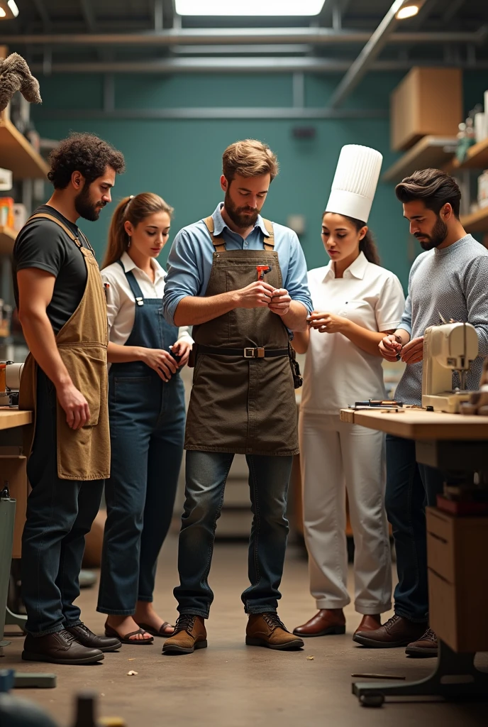 Create an image with a craftsman, electrician, sewing box, chef and stylist