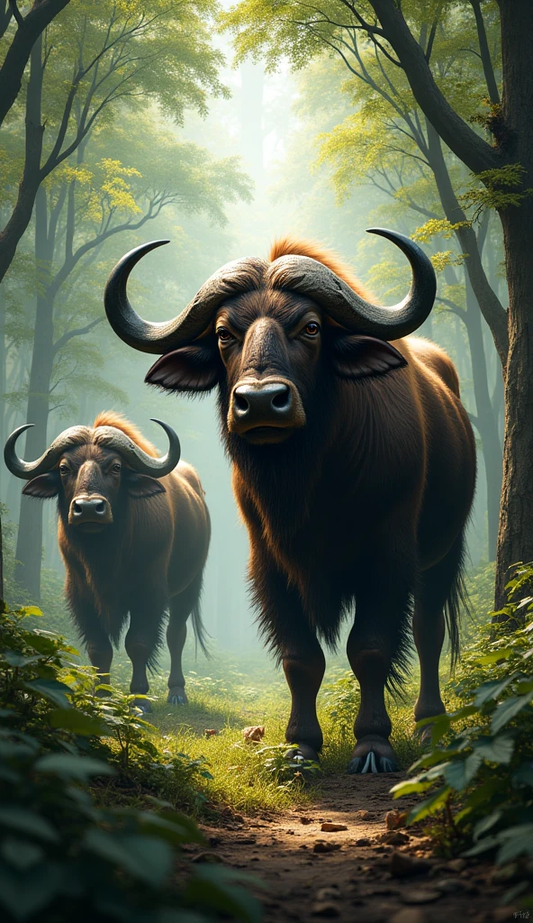 Two large wild buffalo in the forest.