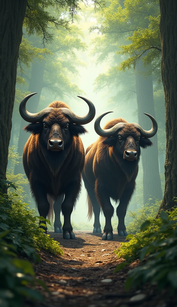 Two large wild buffalo in the forest.