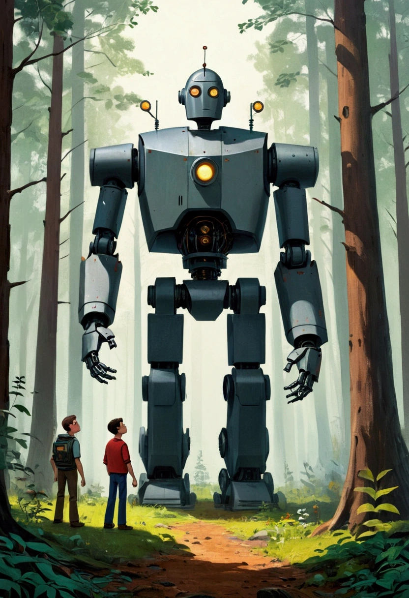 In the forest,One standing in front of a robot, Robots take over the forest, meet, Wayne Barlow and James Gilliard, Inspired by Jakub Skaneder, Steel giant, inspired author:Ivan Generalic, author:Ivan Generalic, cartoon, Movie posters without text, the Steel giant