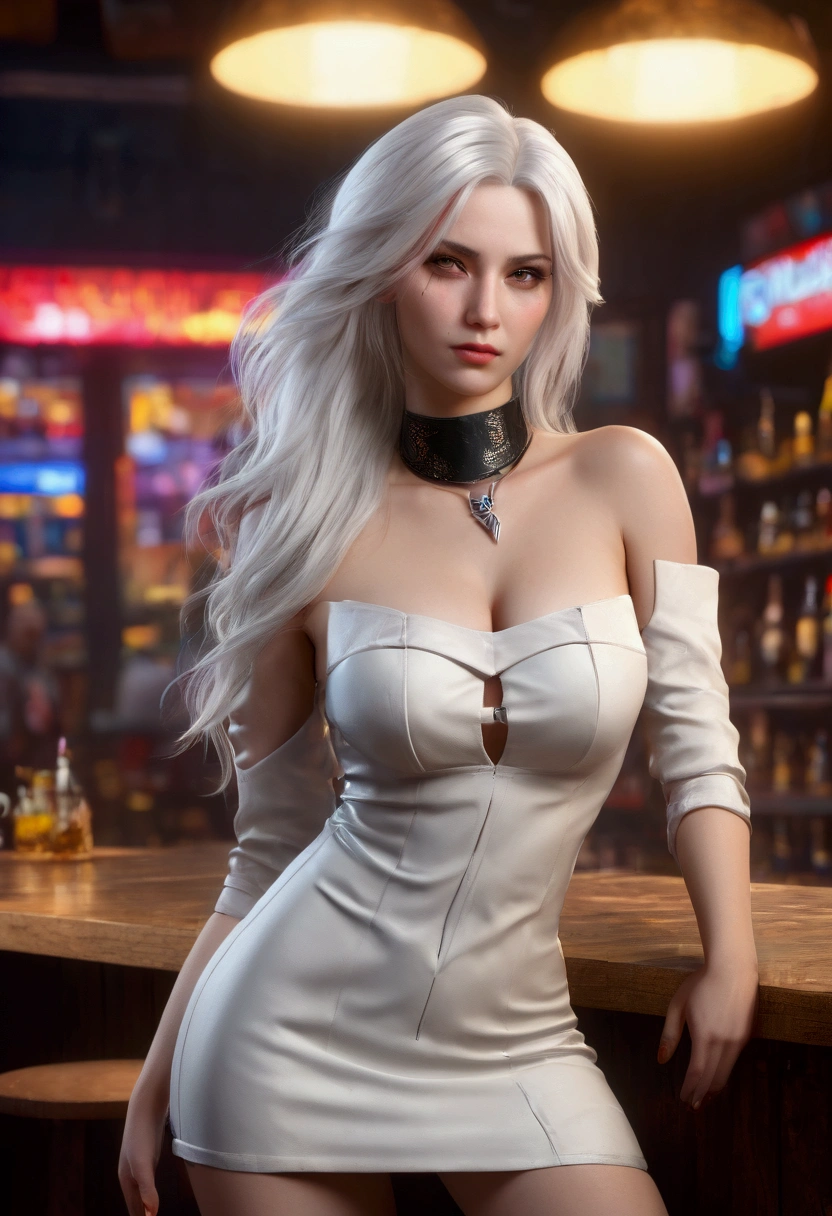 ((Masterpiece, Best Quality, Highest Image Quality, High Resolution, Photorealism, RAW Photos, 8k)), A female game character, 3d Graphics, long white hair, off-shoulders, corset dress, grunge fashion, gothic choker, in the liquor bar, cyberpunk 2077 background, unreal engine